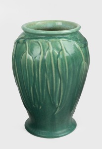 MELROSE WARE green glazed pottery vase with gum leaf decoration, stamped "Melrose Ware, Australian", 24cm high.