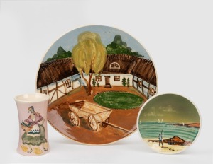 MARTIN BOYD pottery plaque with hand-painted farmyard scene; together with a dish and vase, (3 items), the plauqe incised "Martin Boyd", the largest 25cm diameter.