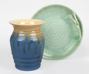 REMUED blue glazed pottery vase; together with a green glazed dish with branch handle, (2 items), both incised "Remued", the vase 16.5cm high.