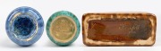 JOHN CAMPBELL brown and yellow glazed pottery trough; together with a blue glazed pottery vase and a green and yellow glazed pottery vase, (3 items), all incised "John Campbell", the trough 10cm high, 25.5cm wide. - 2