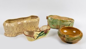 FLORENZ pottery bowl with applied gumnuts and leaves; together with a DIANA flower trough with gumnuts and leaves, a hand-built pottery trough with applied gumnuts and leaves (signed "Butch") and a PATES pottery trough, (4 items), the largest 31cm wide.