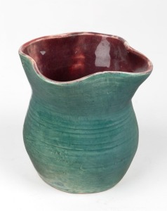 PEGGY WHITING green glazed pottery vase with burgundy interior, incised "Peggy Whiting", 9.5cm high.
