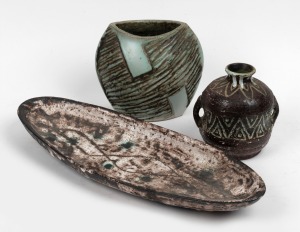 ELLIS pottery serving platter and two pottery vases, (3 items), all incised "Ellis", the platter 45cm wide.