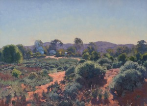 WARWICK FULLER (1948 - ), The Camel Camp, Silverton, oil on board, signed lower left "Warwick Fuller" and titled verso, ​​​​​​​45 x 60cm, 68 x 84cm overall.