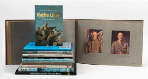 AUSTRALIAN MILITARY AND RAAF HISTORY: A shelf of books including "RAAF Camouflage & Markings" by Pentland, "The P-40 Kittyhawk in service" by Pentland (signed by the author), "Unit Badges of the Royal Australian Air Force" by Cluley, "Australians on the W