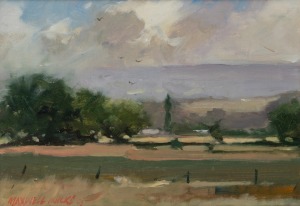MAXWELL WILKS (1944 - ), (rural landscape), oil on board, signed lower left "Maxwell Wilks", ​​​​​​​22 x 30cm, 48 x 57cm overall.