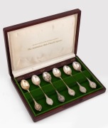 The Royal Horticultural Societies Of Australia "The Australian State Flora Spoons" set of six sterling silver spoons in plush fitted cedar case, 20th century, ​​​​​​​the case 27cm wide, 167 grams total.