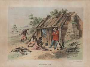 SAMUEL THOMAS GILL (1818-1880), Bushman's Hut, colour lithograph, printed by Hamel & Ferguson, Melbourne, ​​​​​​​23 x 30cm, 43 x 49cm overall.