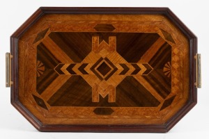 A vintage inlaid Australian timber serving tray with glass top, featuring numerous Queensland rainforest timbers, early to mid 20th century, 55cm across the handles.