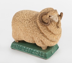 THIBENZOLE point of sale hand-painted fired plaster ram statue, 20th century, 13.5cm high, 14.5cm long.