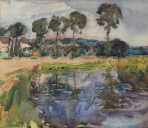 DAVID DAVIES (1864-1939), double-sided painting with French landscape water scene and French farm building verso, watercolour, signed lower left "D. Davies", 31.5 x 36.5cm, 52 x 57cm overall.