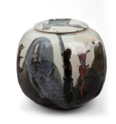 REG PRESTON exhibition studio pottery lidded jar, seal mark and signature to base, ​​​​​​​22cm high.
