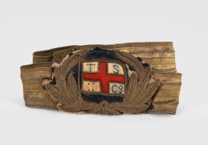 TASMANIAN STEAMSHIP COMPANY antique embroidered hat band together with a leather covered truncheon cosh, 19th century (2 items), the truncheon 43cm long