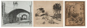 VICTOR COBB (1876-1945), I.) At Mordialloc, II.) (Melbourne University), dry point etchings, signed and titled in the lower margins, together with a reproduction facsimile titled "The Approach To The Old Stables", the largest 47 x 44cm overall.