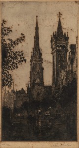 JOHN SHIRLOW (1869-1936), (the churches on Collins Street, Melbourne), dry point etching, signed lower right "John Shirlow", 36 x 20cm, 62 x 42cm overall.