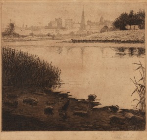JOHN SHIRLOW (1869-1936), (Melbourne from across the Yarra), dry point etching, signed lower right "John Shirlow", titled in the lower margin (illegible), 23 x 24cm, 43 x 40cm overall.