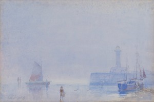WILLIAM FREDERICK (WILL) LONGSTAFF (1879-1953), (harbour scene in blue), watercolour, signed lower left in pencil "Will Longstaff", 24 x 35cm, 41 x 52cm overall.