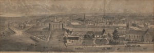 SAMUEL CALVERT (1828-1913), MELBOURNE, VICTORIA - from the Tower of St. Patricks Cathedral Eastern Hill, engraving, block mounted, framed and glazed, visible 22 x 61.5cm, overall 37.5 x 77cm.