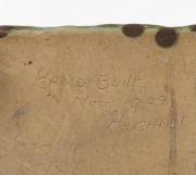 HAROLD HUGHAN unusual green glazed pottery flower trough with wire insert aid, incised "Hand Built, Nov. 1944, Hughan", ​​​​​​​10cm high, 30cm wide. - 2