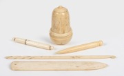 An antique whalebone thread dispenser, needle case, bodkin, crochet hook and sailor's tool, (5 items), ​​​​​​​the largest 17cm long.