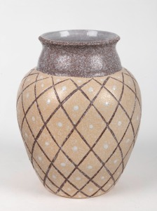 KLYTIE PATE pottery vase with checkerboard motif, incised "Klytie Pate", 20cm high.
