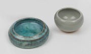 HAROLD HUGHAN turquoise glazed pottery dish and a grey glazed pottery bowl, (2 items), marks to bases, the larger 11cm diameter.
