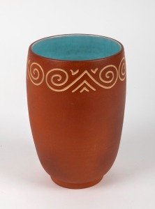 ALLAN LOWE terracotta glazed pottery vase with geometric frieze and blue glazed interior, incised "Allan Lowe", 20cm high.