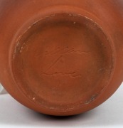 ALLAN LOWE terracotta glazed pottery vase with geometric frieze and blue glazed interior, incised "Allan Lowe", 20cm high. - 2