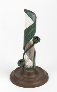 FRED BROSI (American, 1869-1933) for YE OLDE COPPER SHOPPE (attributed), American hand-made copper, bronze and glass stem vase, adorned with applied gumnuts and leaf, 20th century, 18cm high.