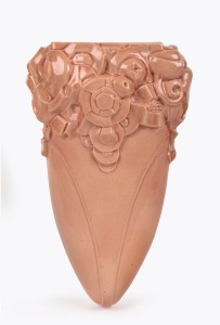 B. P. SLIGHT pink glazed Art Deco pottery wall pocket, incised "B. P. Slight", 25cm high overall.