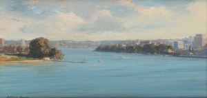 WYKEHAM PERRY (1936-2021), Ferry Terminal, Brisbane River, oil on canvas board, signed lower left "Wykeham Perry, '79", 30 x 60cm, 50 x 80cm overall.