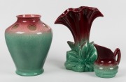 PATES pottery jug and two vases, all glazed in burgundy and green, (3 items), black factory marks to base, the largest 31cm high.