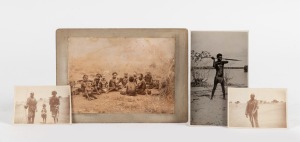 INDIGENOUS AUSTRALIANS: A 1900s albumen print on cabinet card depicting a group of men at camp (13.5 x 19cm overall), together with three smaller later photographs, one of which depicting a man with spear, the other two with captions in pencil on rear "Bl