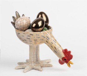 ANNA MAAS Fowl Play "Pearl" pottery chicken bowl housing six assorted pottery eggs, 20cm high.