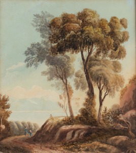 ARTIST UNKNOWN, figures in coastal landscape, 19th century, watercolour, 31 x 27cm, 50 x 45cm overall.