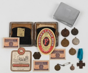 Assorted medals and badges, dog registration badge, beer labels, petrol ration tickets and a wallet with tram ticket, (qty)