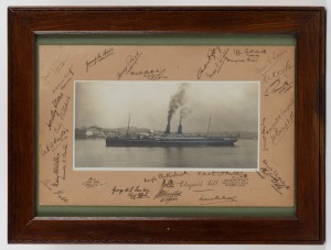 A WW1 period framed photograph of a troop ship in Sydney Harbour with assorted signatures to the mount, 32 x 42cm overall.
