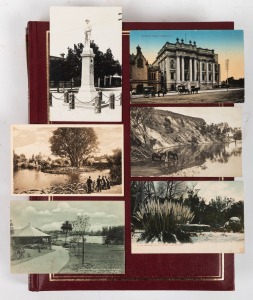 Assorted antique and vintage postcards in a burgundy album, themes include Kangaroo Island, Mannum, Port Lincoln, South Australia, Toowoomba, Townsville, Queensland, Colac, Apollo Bay, Warrnambool, and many others, (qty).
