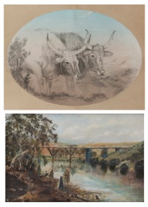 ROBERT HENRY BOADLE (1861-1946), I.) Geelong Bridge over the Barwon River, (oil on board), II.) Oxen, (pencil and wash), ​​​​​​​the larger 48 x 61cm overall.