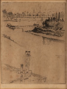 JOHN SHIRLOW (1869-1936), Yarra River, Melbourne, drypoint etching 14/60, signed lower right "John Shirlow", 23 x 18cm, 46 x 17cm overall.