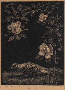 LIONEL LINDSAY (1874-1961), Pheasant and Magnolias, wood engraving, signed lower left "Lionel Lindsay", ​​​​​​​21 x 15cm, 35 x 28cm overall.