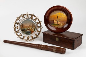An antique Australian stockwhip handle with metal ownership inlay, together with an antique cedar jewellery box, a souvenir of Brisbane cedar dish with hand-painted scene, and a souvenir glass dish with bridge decoration, 19th/20th century, (4 items), the