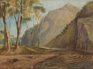 ARTIST UNKNOWN, Fisherman On The Riverbank, watercolour, titled on mount lower centre, ​​​​​​​23 x 31cm, 36 x 43cm overall.