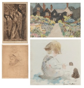 Four assorted artworks including a watercolour by KENNETH HOOD painted as a gift to his mother, the largest 30 x 35cm overall.