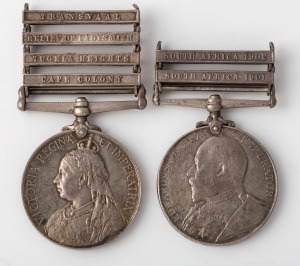 The QUEEN'S SOUTH AFRICA MEDAL, with clasps for TRANSVAAL, RELIEF OF LADYSMITH, TUGEL HEIGHTS and CAPE COLONY; named to 3501 PTE. J. WILLIAMS, RL : IRISH FUS; together with The KING'S SOUTH AFRICA MEDAL, with clasps for SOUTH AFRICA 1901 and 1902; named t