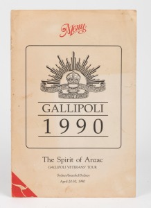GALLIPOLI 1990 THE SPIRIT OF ANZAC GALLIPOLI VETERANS' TOUR Qantas card menu from the flight which carried a party of Australian WW1 veterans to Turkey for the 75th anniversary of their landing at Gallipoli, signed by surviving diggers, including BILL BEV