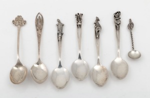 Six assorted silver teaspoons and a salt spoon with Australian motifs, 20th century, (7 items), the largest 10cm long, 68 grams total.