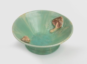 LOUISE TAYLOR green glazed pottery bowl with two applied mushrooms, incised "L. Taylor", 5.5cm high, 15.5cm diameter.