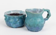 JOLLIFF blue and turquoise glazed pottery jug and bowl, (2 items), incised "Hand Built, Jolliff, 1953", the jug 10cm high.