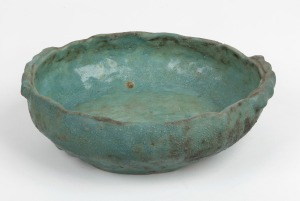 JOLLIFF green glazed pottery bowl, incised "Hand Built, Jolliff, 1953", 6.5cm high, 20.5cm wide.